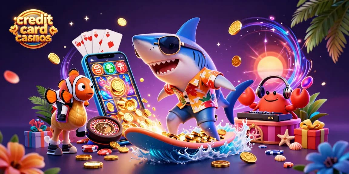 Engage with credit card casinos through vibrant 3D characters celebrating in a dynamic gaming scene.