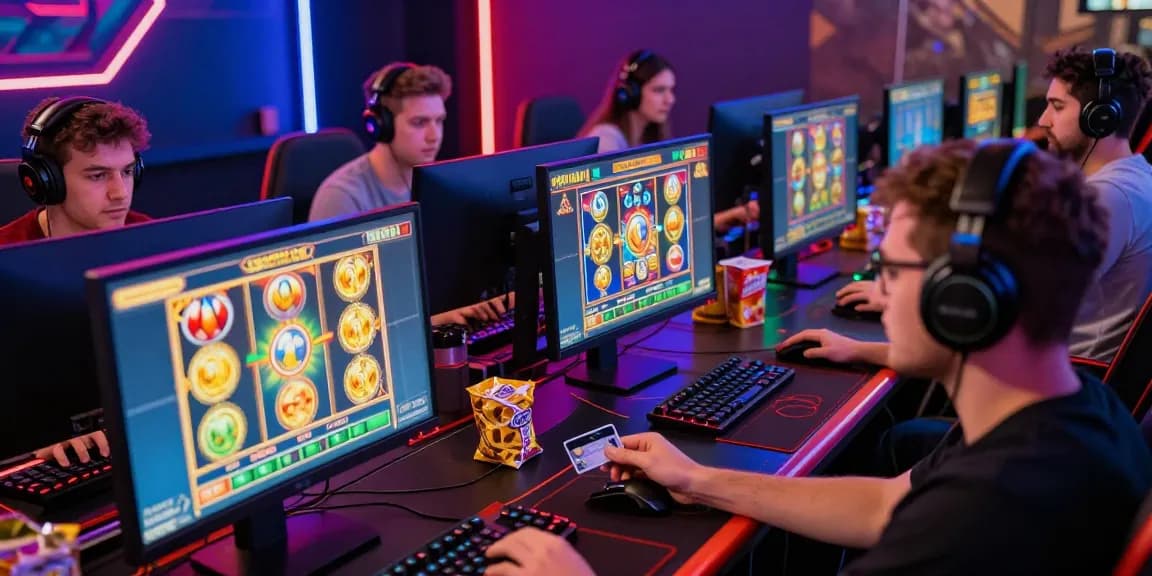 Engaged gamers strategizing at credit card casinos at https://dea.org.uk, surrounded by vibrant slot games and gaming accessories.