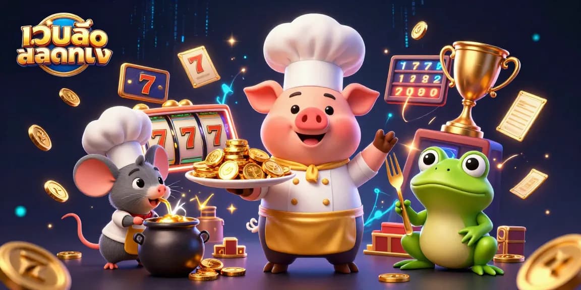 Experience the thrill with เว็บสล็อตตรง as the chef pig serves gold coins in a vibrant casino atmosphere.