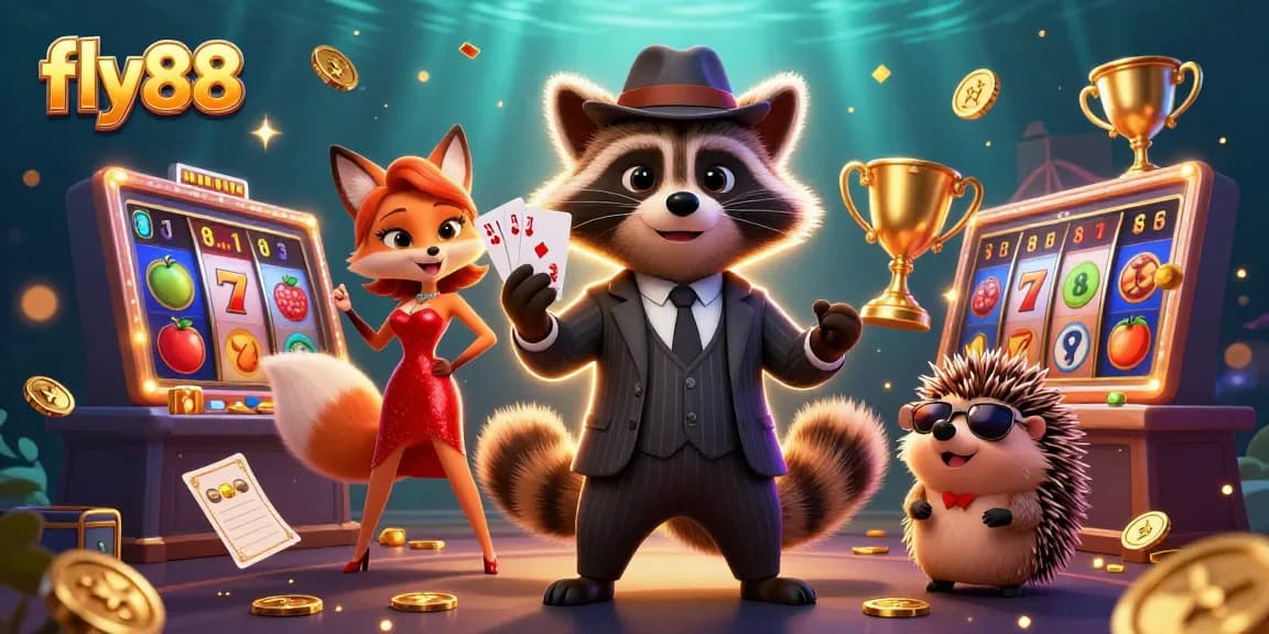 Experience exhilarating gameplay at fly88 with a raccoon and fox duo amidst vibrant slot elements.