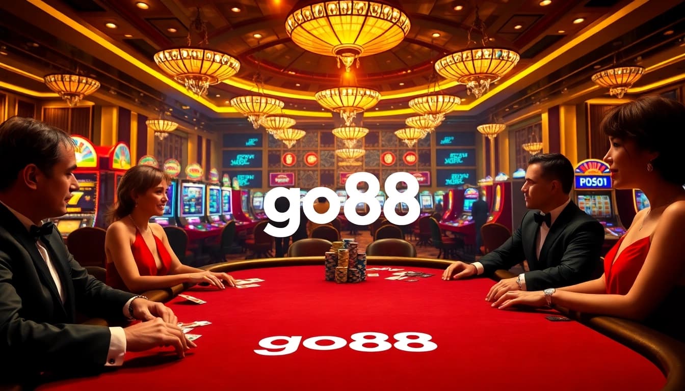 Players betting at a go88 poker table in a luxurious casino setting