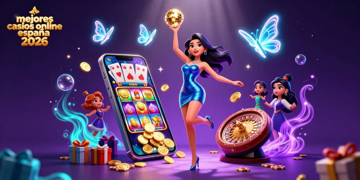 The vibrant scene showcases mejores casinos online españa 2026 with a glamorous dancer, dynamic casino elements, and neon butterflies.