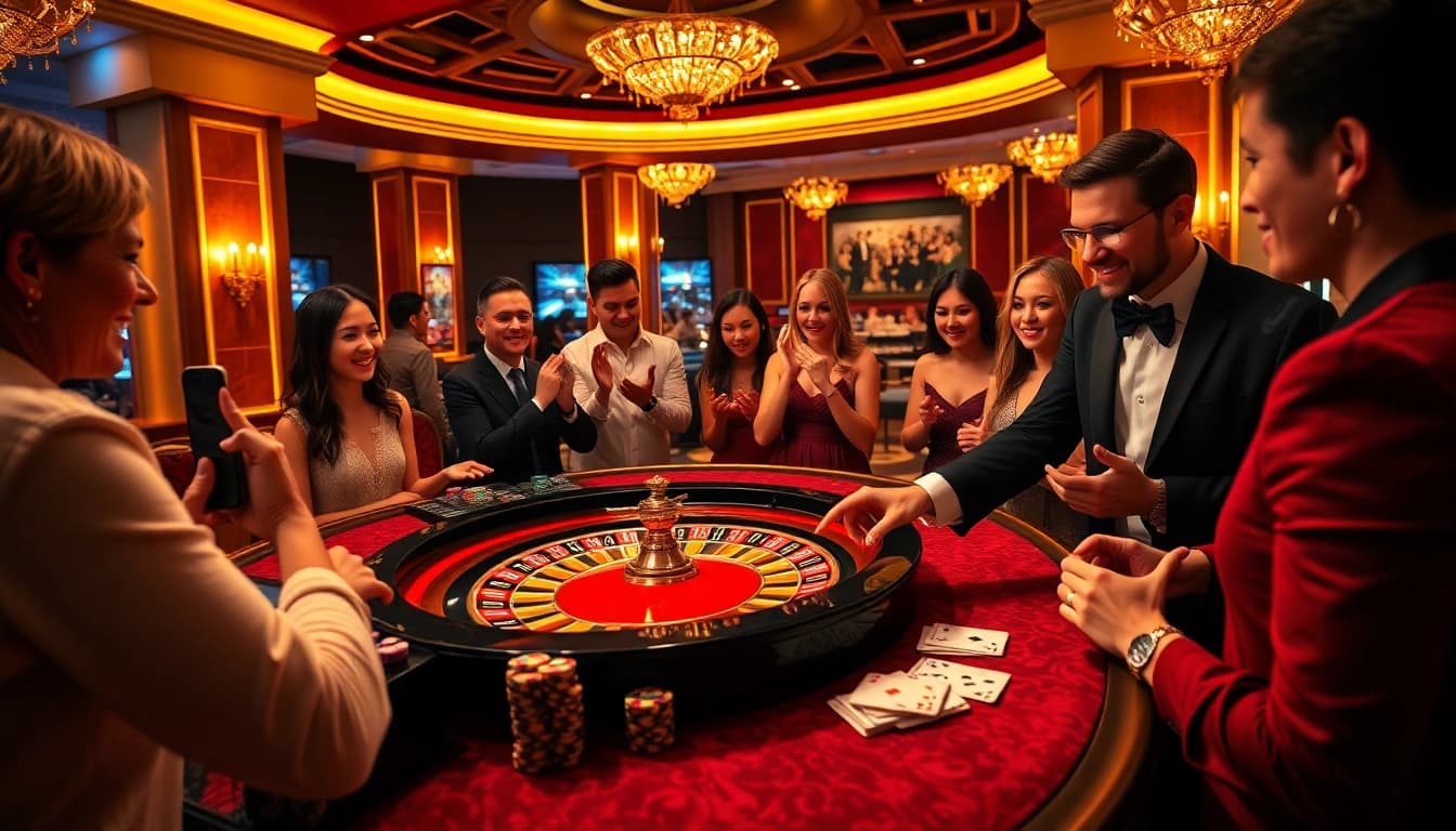 Xoso66 casino scene with engaging players around a roulette wheel, emphasizing excitement.