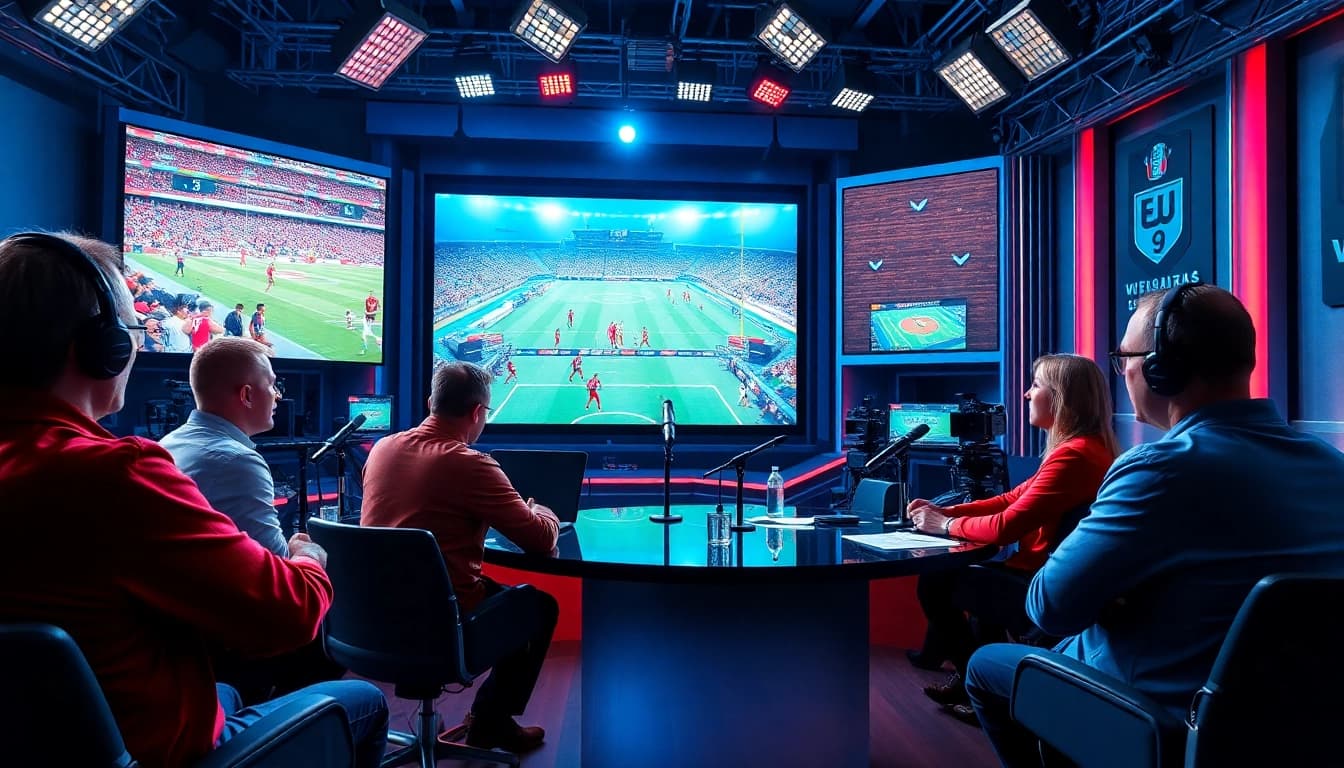 Sports Broadcasting studio with commentators discussing events in an upbeat setting.