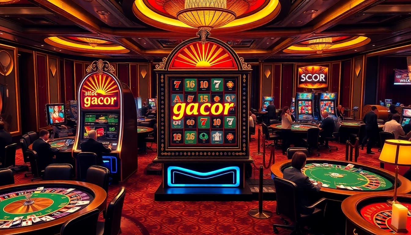 Engage with the thrilling slot gacor experience at a luxurious casino featuring vibrant machines and gaming tables.