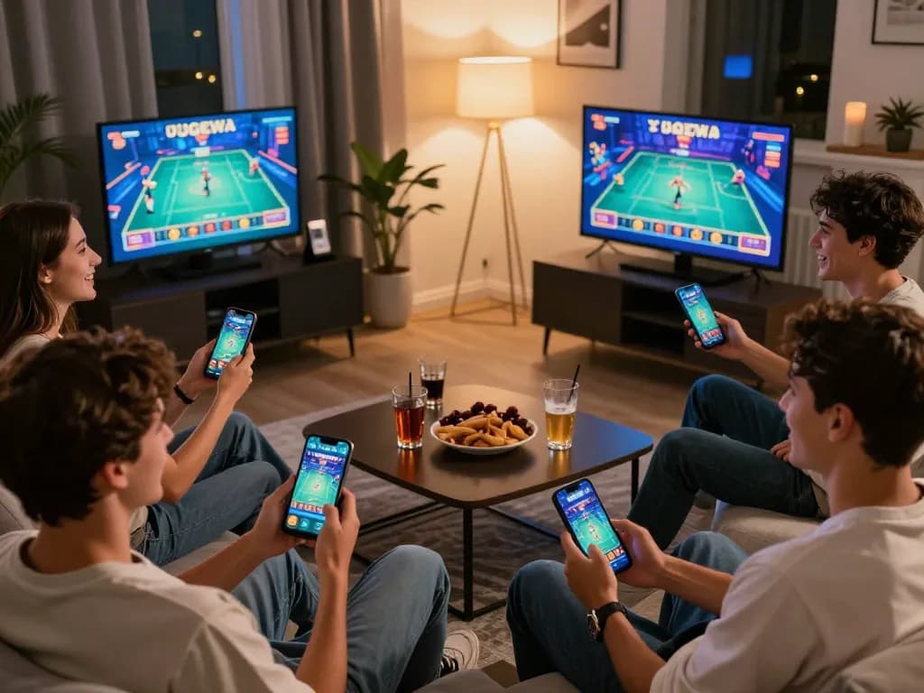 Friends celebrating a winning moment in the UGDEWA gaming app during online gambling night at home.