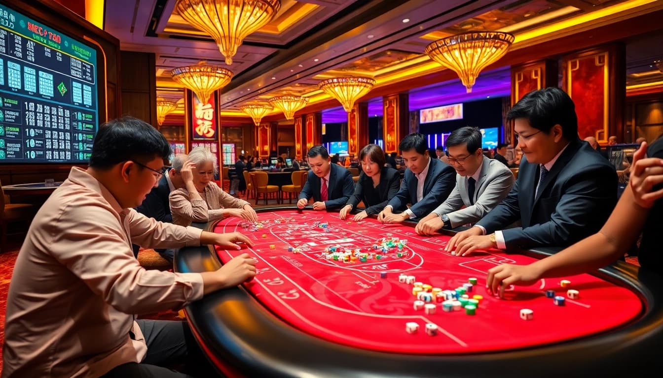 Players excitedly gamble in a vibrant game tài xỉu at a luxurious casino.