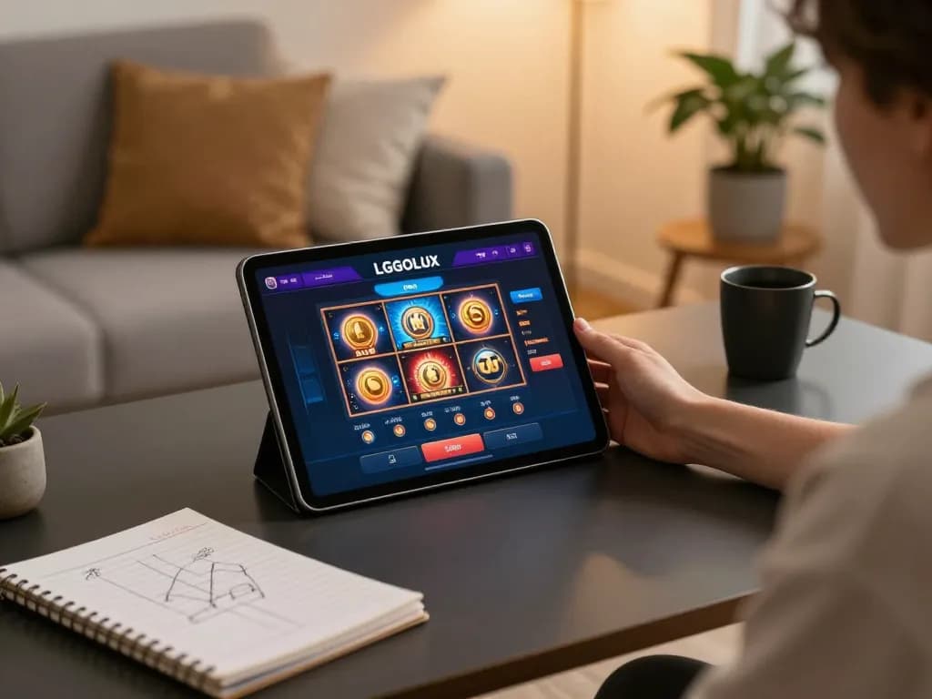 Player engaging with LGOLUX online casino on tablet in a cozy home office setting.