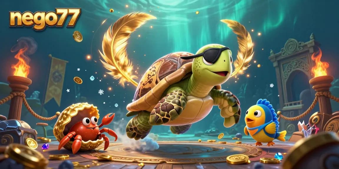 Nego77 showcases a vibrant 3D scene of gambling elements with pirate turtle and friends amidst treasure.