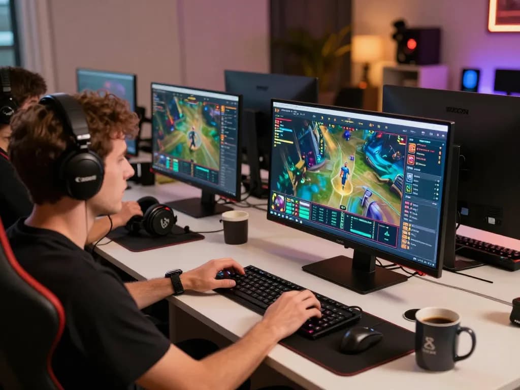 IDNSCORE online gaming action with serious player at modern home desk.