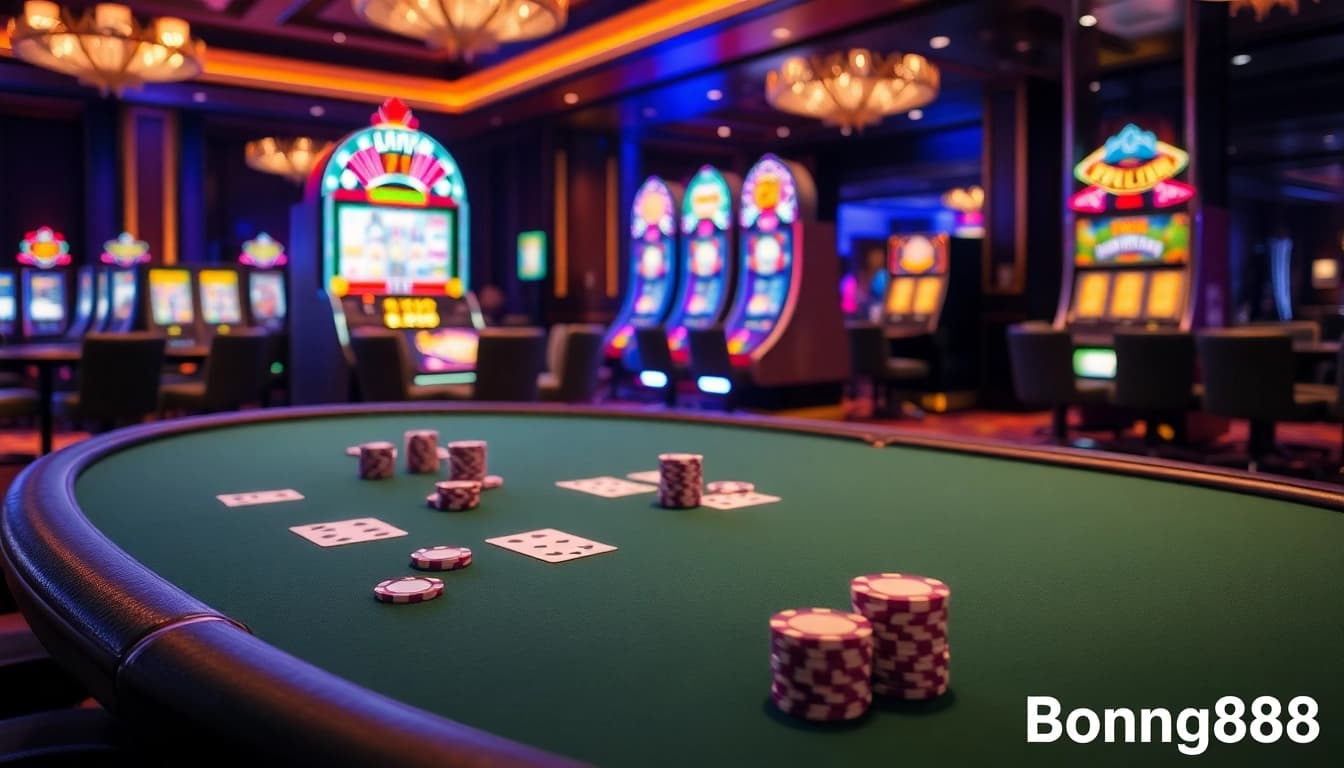 Bong88 poker scene with vibrant atmosphere showcasing high-stakes excitement at the casino.