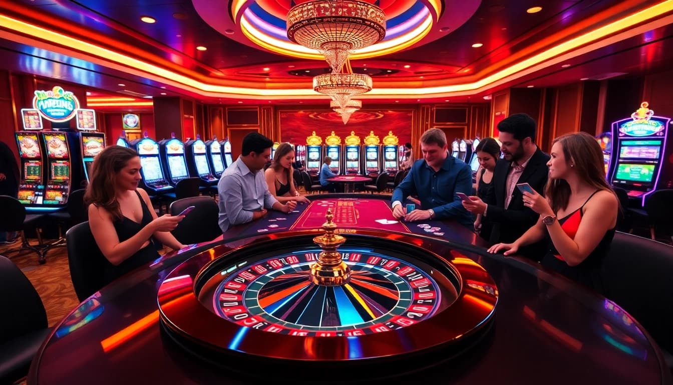 A vibrant casino scene showcasing gambling excitement with mm88 vin's roulette and blackjack tables.