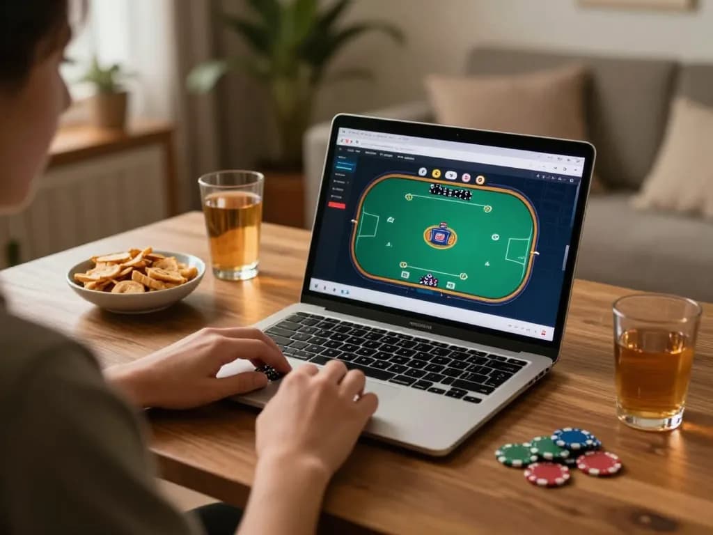 Engaged player enjoying a strategic poker game at trang chủ fly88 using a laptop with snacks nearby.