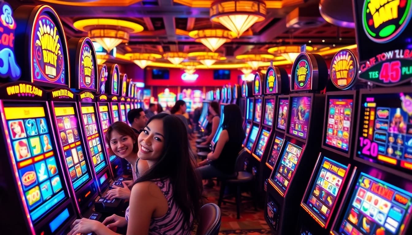 Putar Slot Game dengan mesin permainan berwarna cerah di kasino yang ramai.