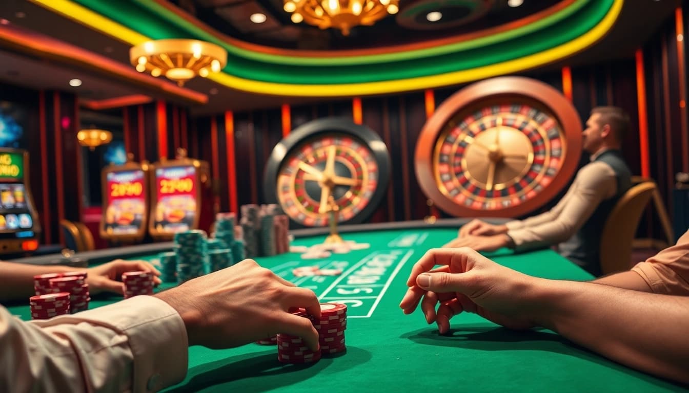 Players engaging in thrilling gameplay at game ok8386 casino tables, showcasing poker chips and roulette.