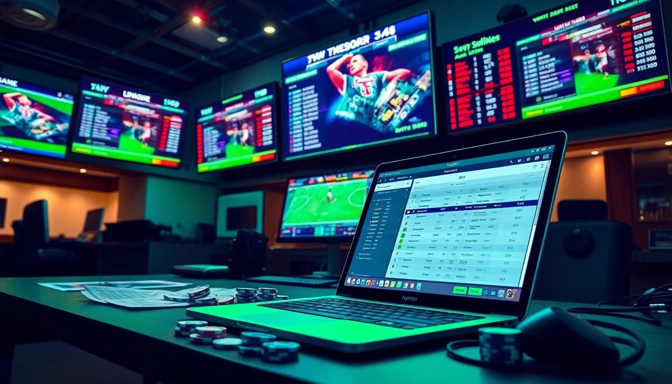 Engaging online Betting scene with multiple screens showcasing live game odds.