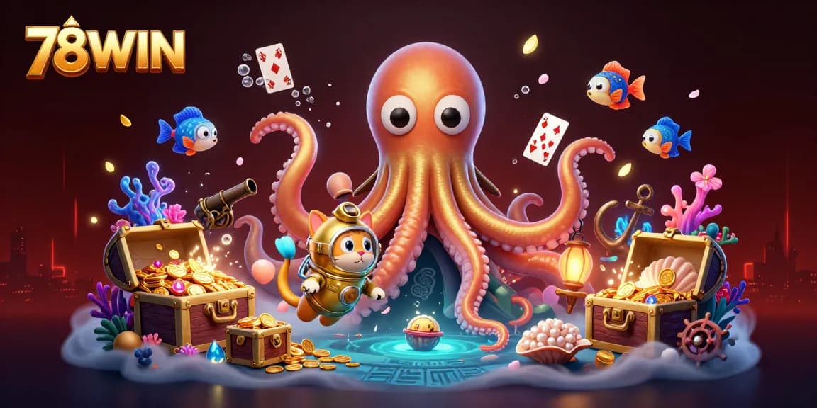 Experience thrilling gaming at 78WIN with a vibrant underwater scene featuring a kraken and diving cat.