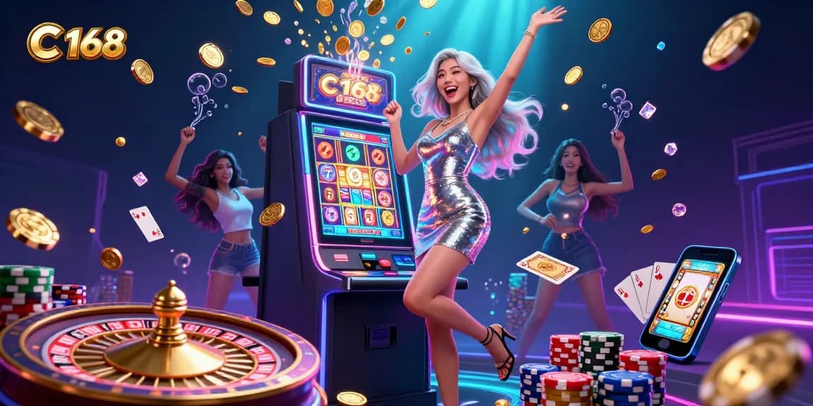 C 168 jackpot celebration with a joyful Asian woman at a slot machine amidst cascading coins and neon lights.