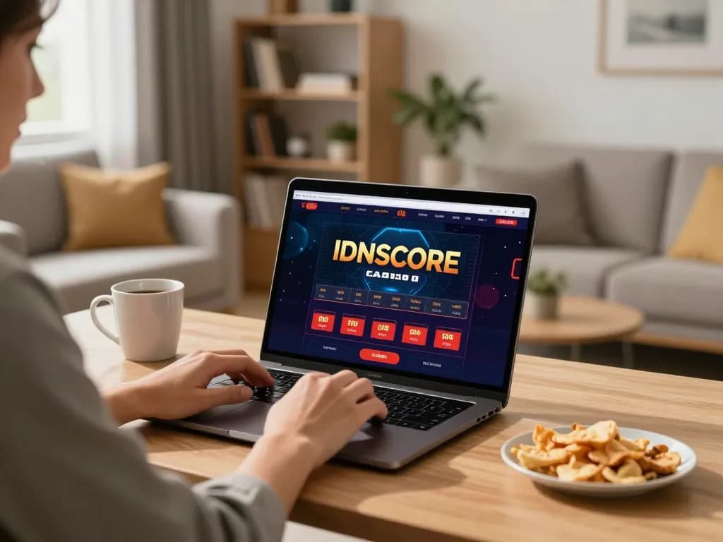 IDNSCORE online casino gaming session in a cozy living room with a focused player.