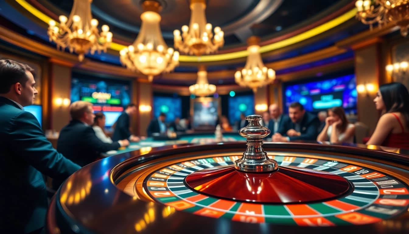 Betting at a colorful casino roulette table surrounded by excitement and energy.