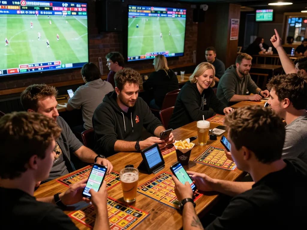 Fans engaging in live sports betting at a lively bar showcasing Qh99 on multiple screens