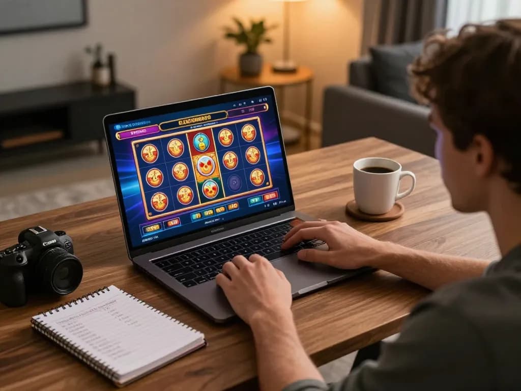 Player enjoying Tr888 online casino games on a laptop in a cozy home setting.
