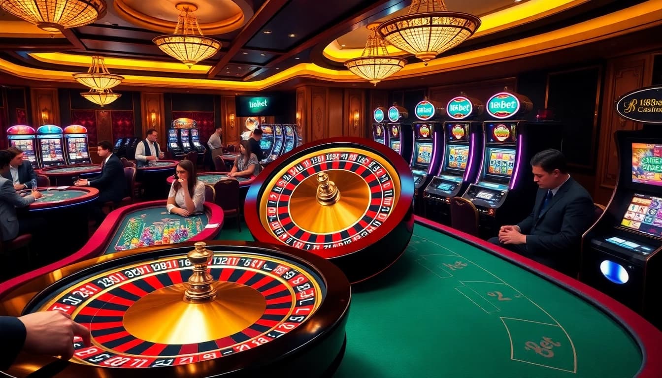 Players enjoying thrilling games at 188bet casino, with roulette, poker, and slot machines in an exciting setting.