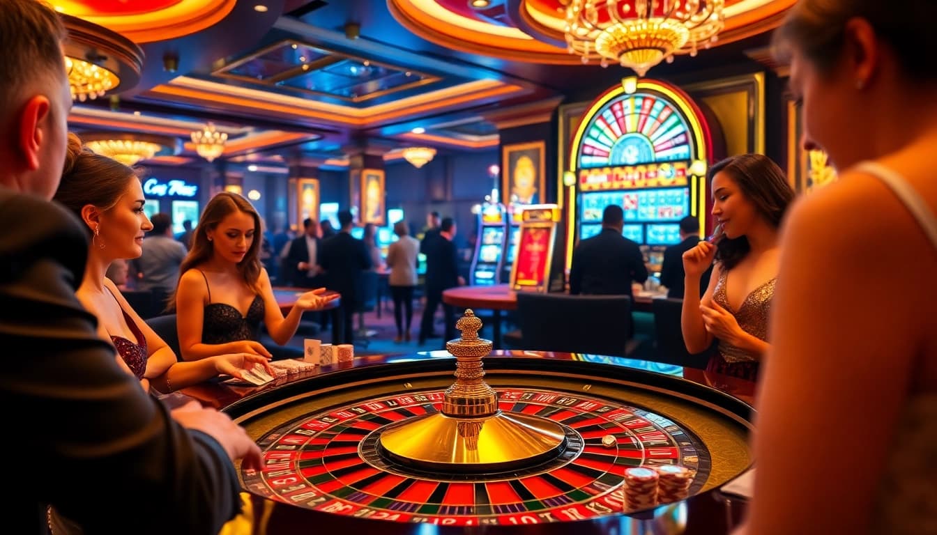 Players enjoying games at https://nk88net.com/ casino with engaging roulette table and vibrant slot machines.