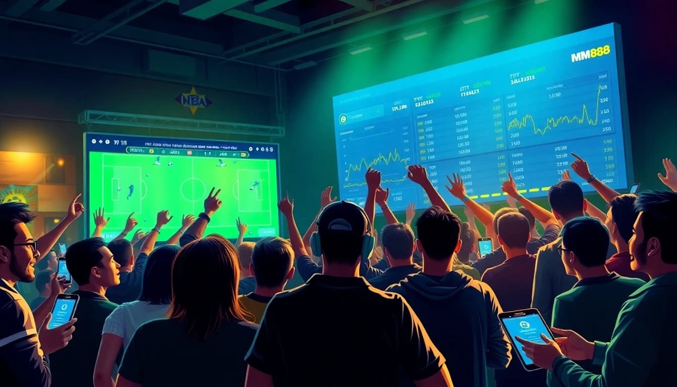 Exciting scene of diverse bettors engaged in mm88 futbol betting, showcasing technology and thrill of live matches.