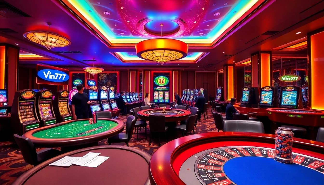Players enjoying games at Vin777's luxurious casino, featuring vibrant tables and lively atmosphere.