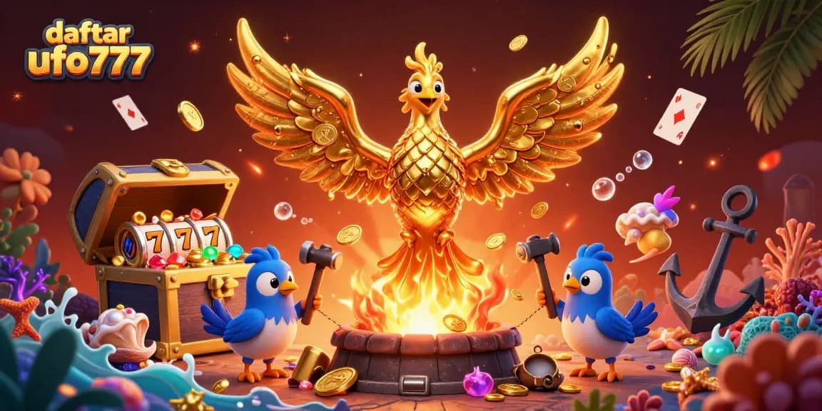 Engage with daftar ufo777 through this dynamic 3D scene filled with golden phoenix, coins, and slot elements.