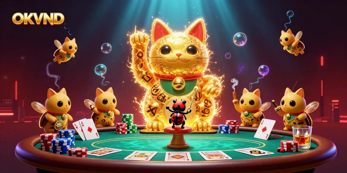 Experience thrilling gaming at OKVND with a vibrant lucky cat and dynamic casino elements.