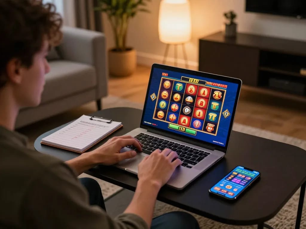 A player enjoying aman788 slot gacor on a laptop in a cozy home gaming setup, with betting strategy notes visible.
