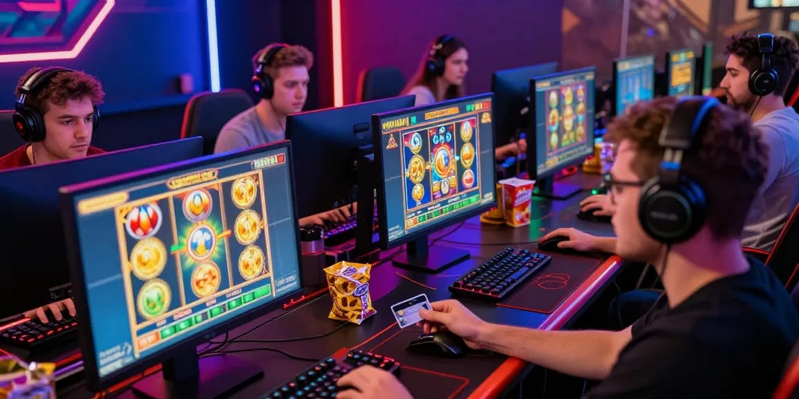 Engaged gamers strategizing at credit card casinos at https://dea.org.uk, surrounded by vibrant slot games and gaming accessories.