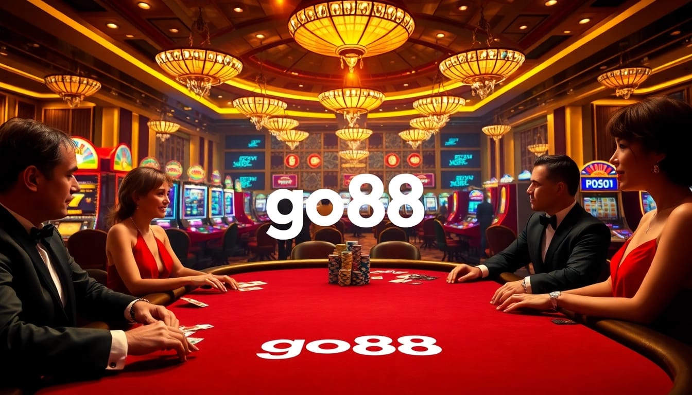Players betting at a go88 poker table in a luxurious casino setting