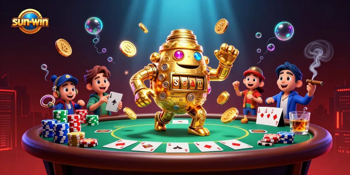 Engage with the sun-win casino experience featuring 3D cartoon characters, vibrant poker elements, and dynamic visuals.