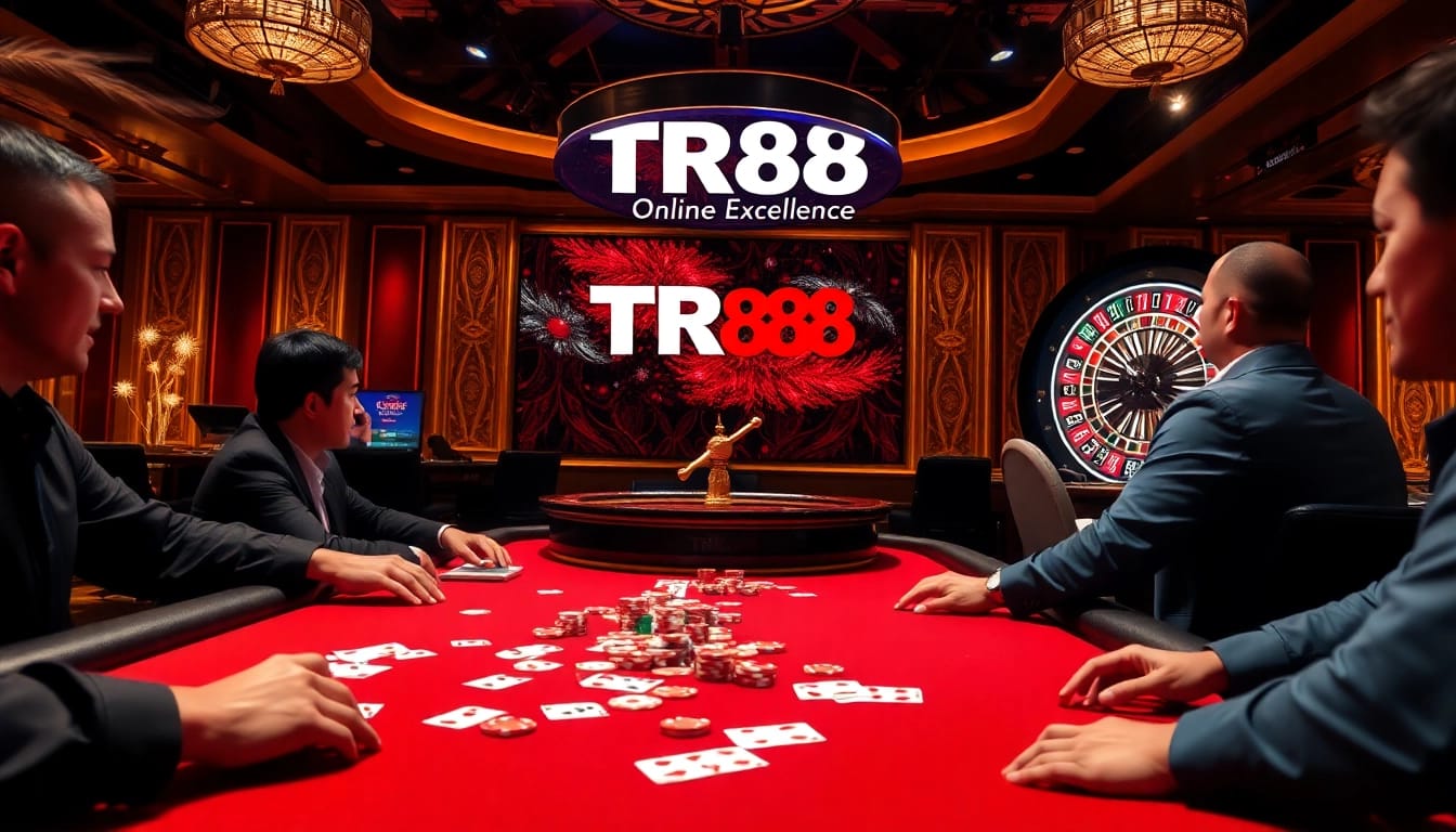 Players enjoying high-stakes poker at a TR88 casino table, surrounded by luxury and excitement.