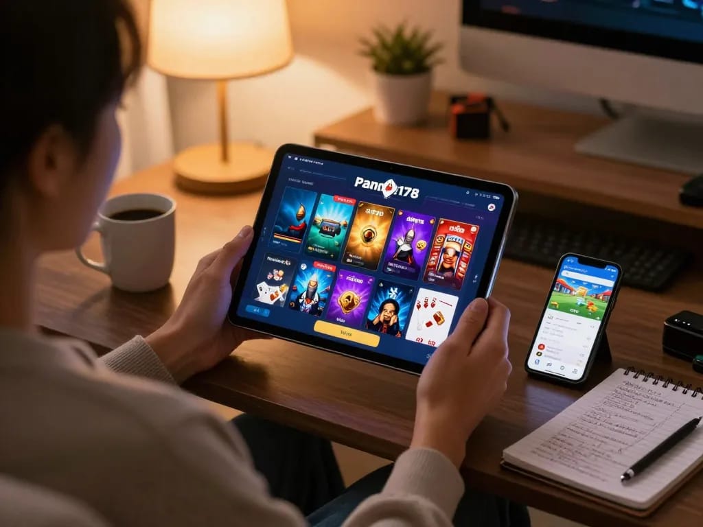 Permainan yang menarik di aplikasi mobile Panen178 dengan pemain yang fokus pada strategi poker dan antarmuka permainan.