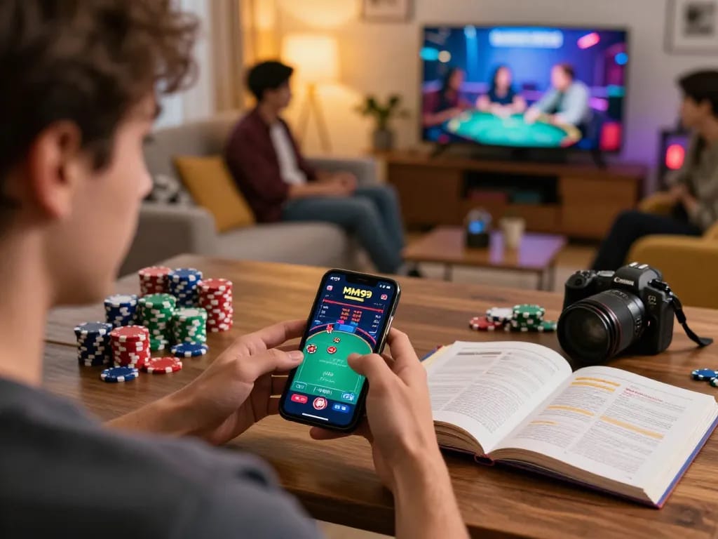 Engaging moment of MM99 Đăng Nhập on a smartphone, showcasing a lively home gaming setup.