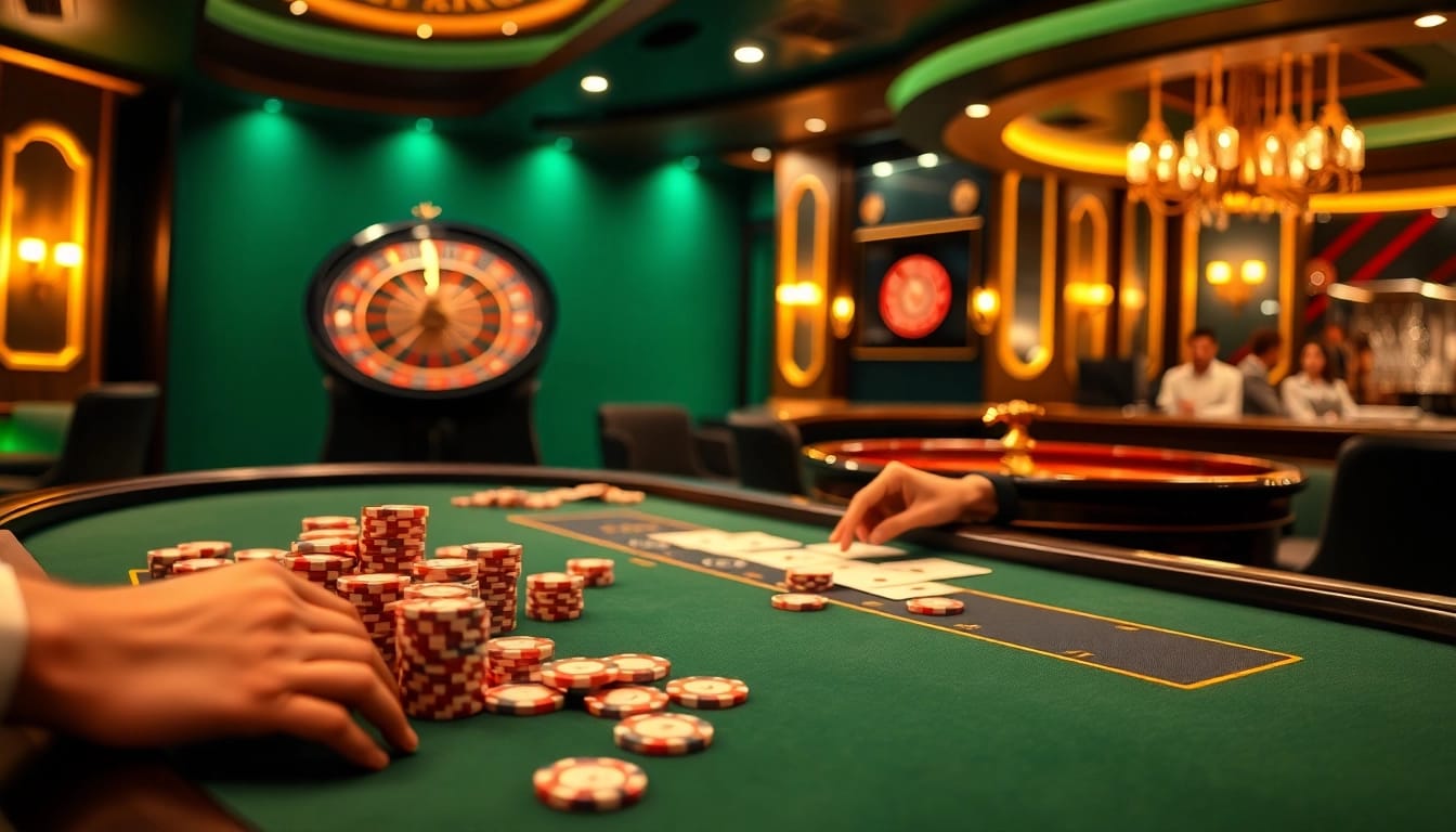 Exciting j88 gambling scene with players, poker chips, and a roulette wheel in a luxurious casino.