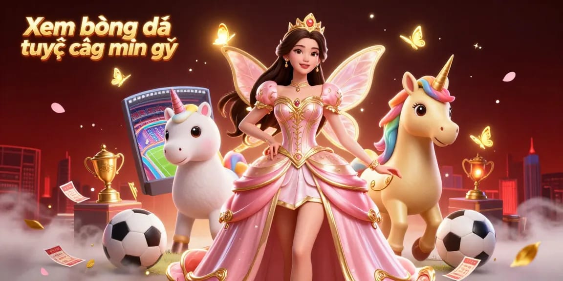 Watch Xem bóng đá trực tiếp miễn phí with exciting sports elements, a glamorous scene illustrating footballs, trophies, and vibrant stadium lights.