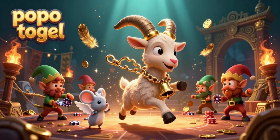 Engage in thrilling gameplay at popo togel's festive casino with lively characters and vibrant scene details.