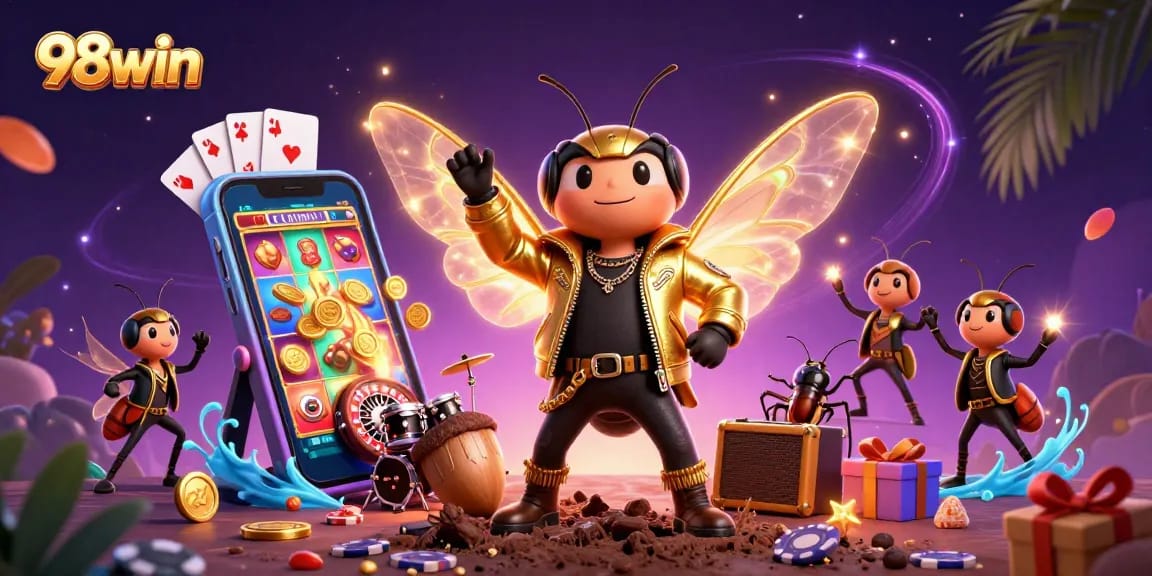 Experience the thrill of 98win with a vibrant casino scene showcasing electric characters and captivating games.