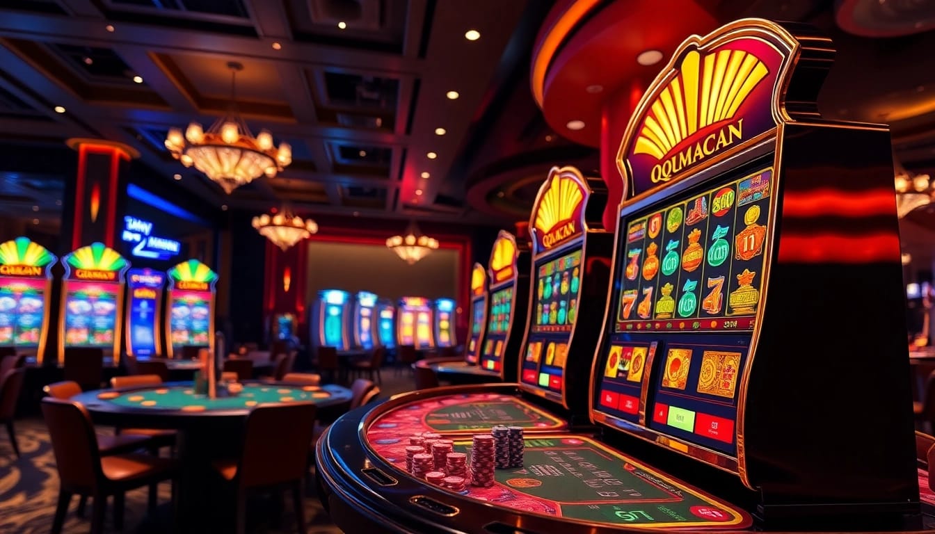 Experience excitement with QQMacan as players engage with premium slot machines in a prestigious casino.