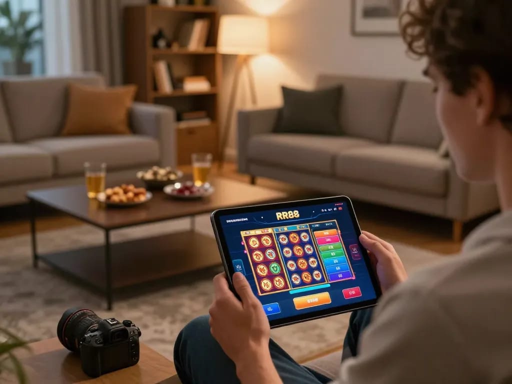 Engaging with the RR88 casino app on a tablet in a warm home setting