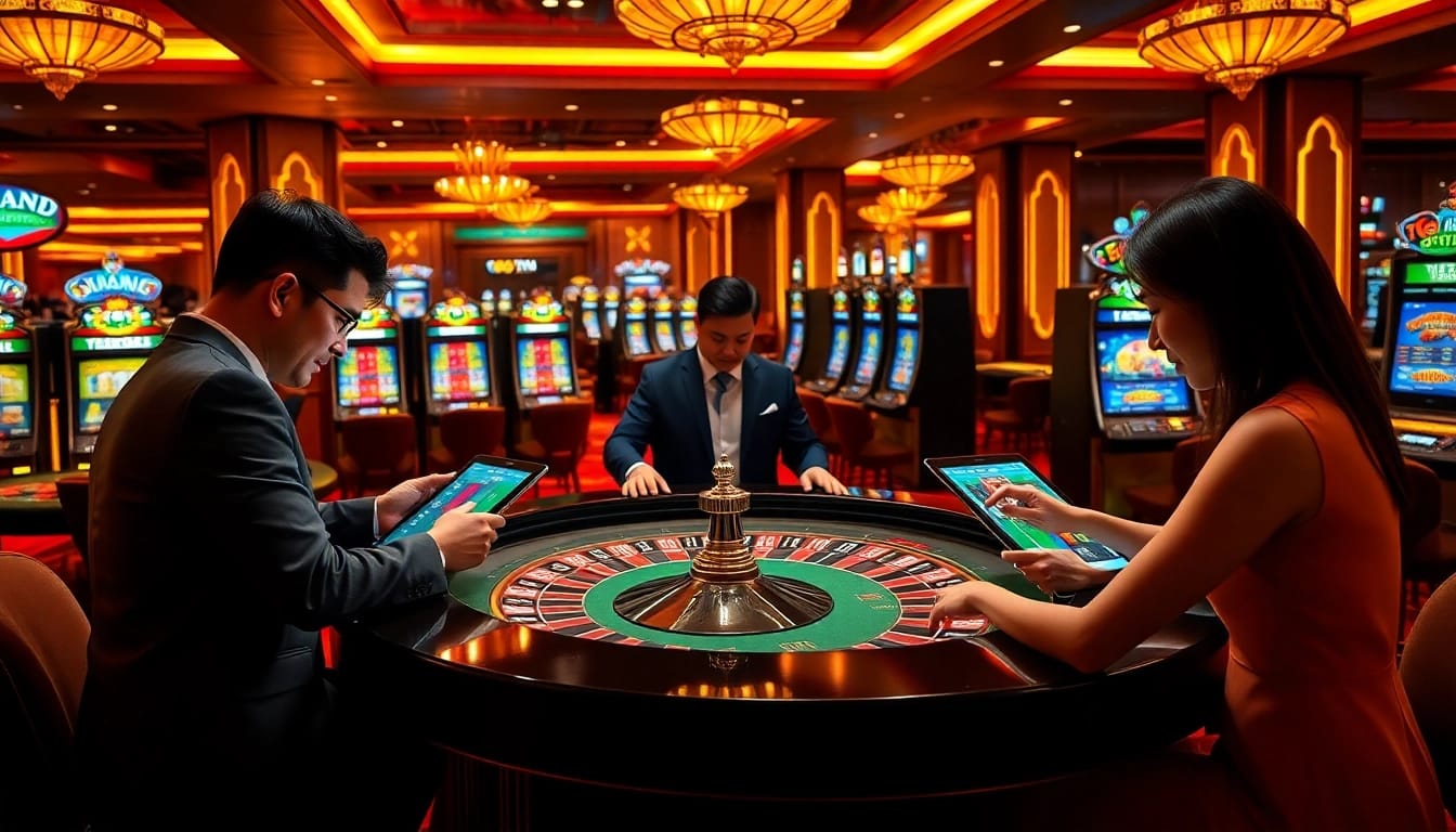 Cheerful players engaging with TOTOGG88 at a lively casino table, showcasing vibrant poker chips and illuminated slot machines.