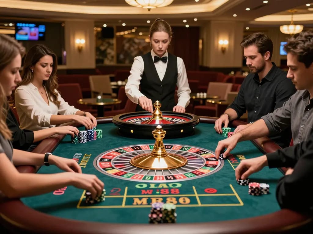 Players engage in a thrilling MM88 roulette game, betting on vivid chips as the croupier spins the wheel.