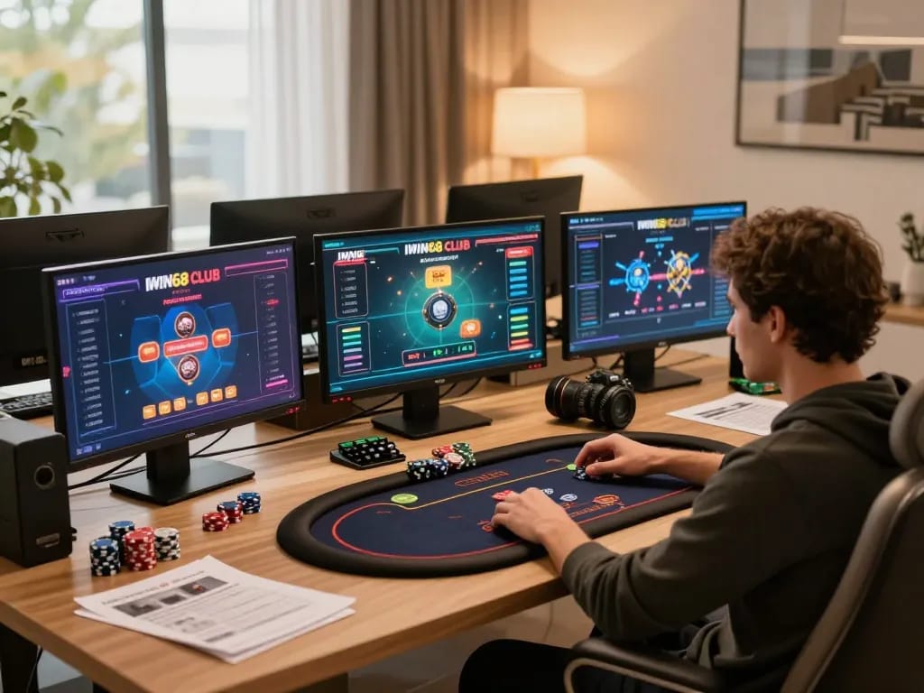 IWIN68 CLUB player engaging in strategic gameplay at home with multiple screens.