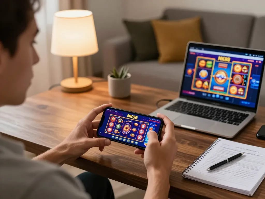 Player engaging with NK88 app on smartphone in a cozy home gaming setup.