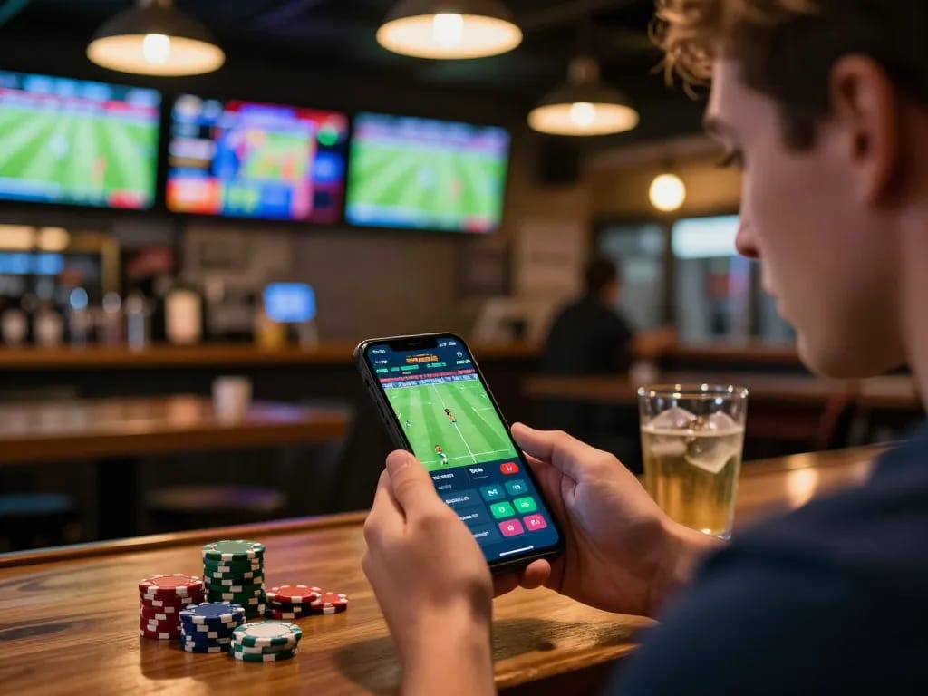 Engaging with tin soi kèo betting app on a smartphone at a bustling sports bar.